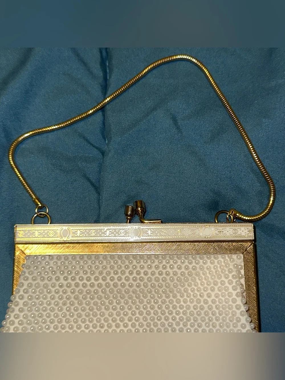 Vintage 1960s Faux Pearl Beaded Evening Bag – Gold Frame Purse